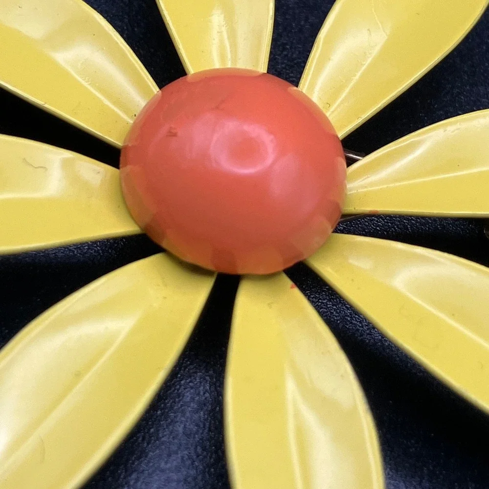 Vintage Enamel Daisy Flower Brooch Yellow Orange Large Mod Floral Pin 2.75in